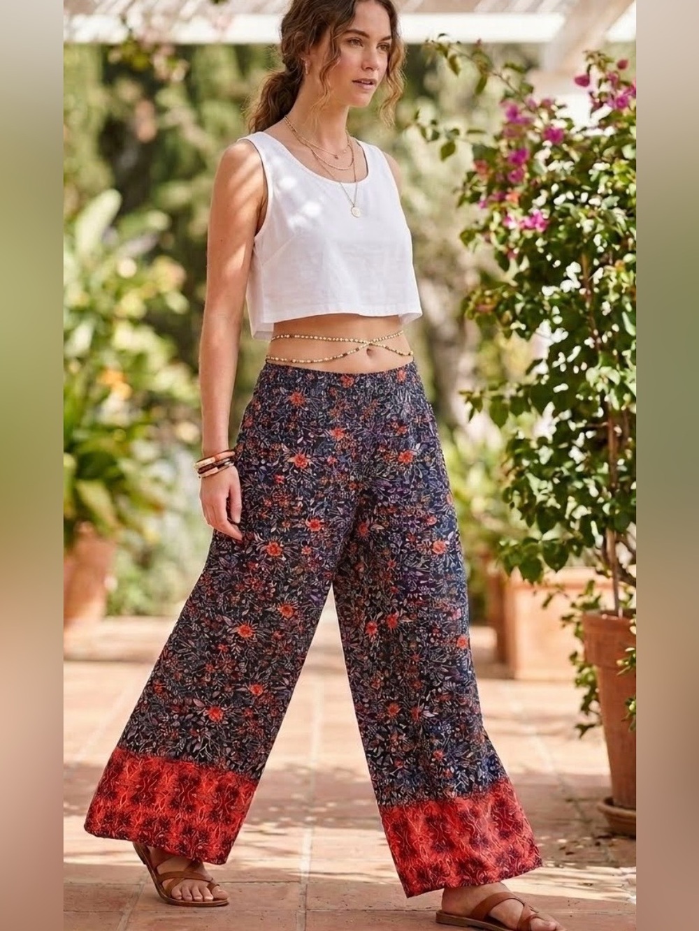 Bohemian-style Navy Wide Leg Pants with Coral Border L-XL